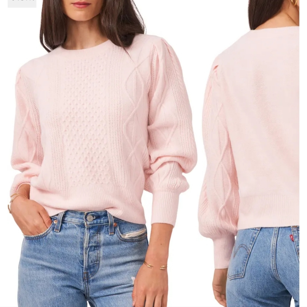 1. State Variegate Cables Crew Sweater in Pink Lotus